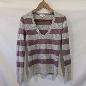 AphOrism Striped V-Neck Angora Blend Sweater - Gray and Purple Size Medium